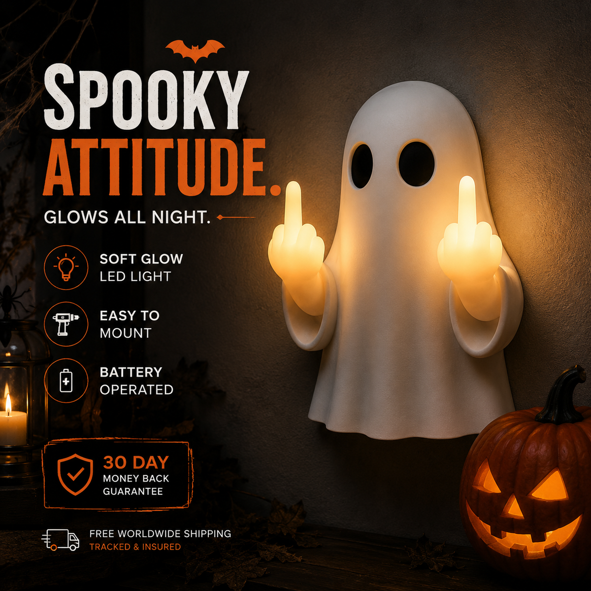 Ghosted Glow Halloween ghost night light with glowing hands, spooky attitude
