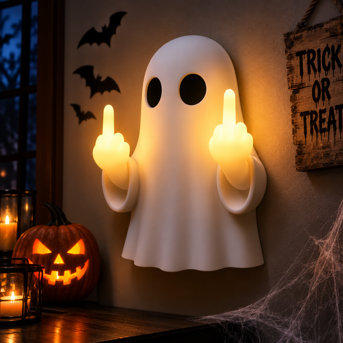 Ghosted Glow LED ghost night light glowing on an entryway wall next to a jack-o'-lantern