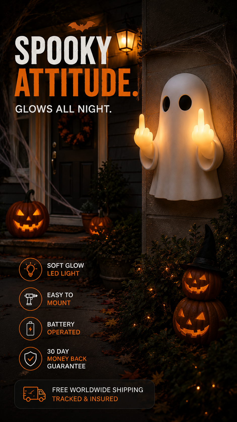 Ghosted Glow ghost night light mounted on a porch column at night
